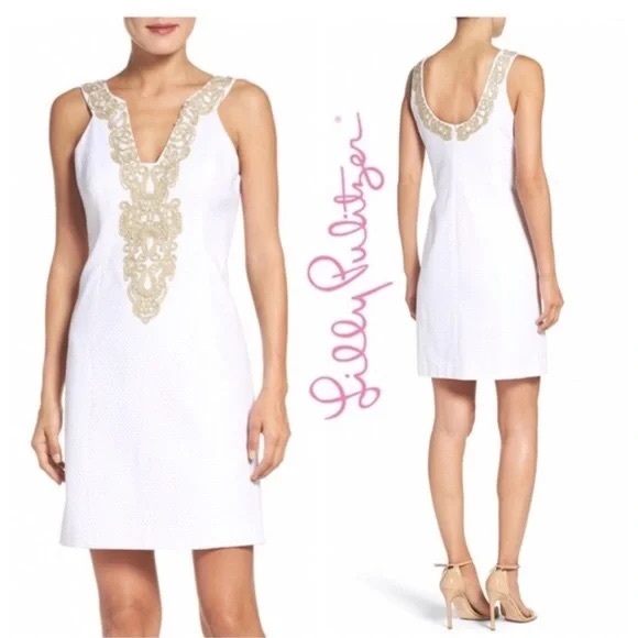 Lilly Pulitzer white Suzette sleeveless dress with gold lamé accents sz 6 - Picture 13 of 13
